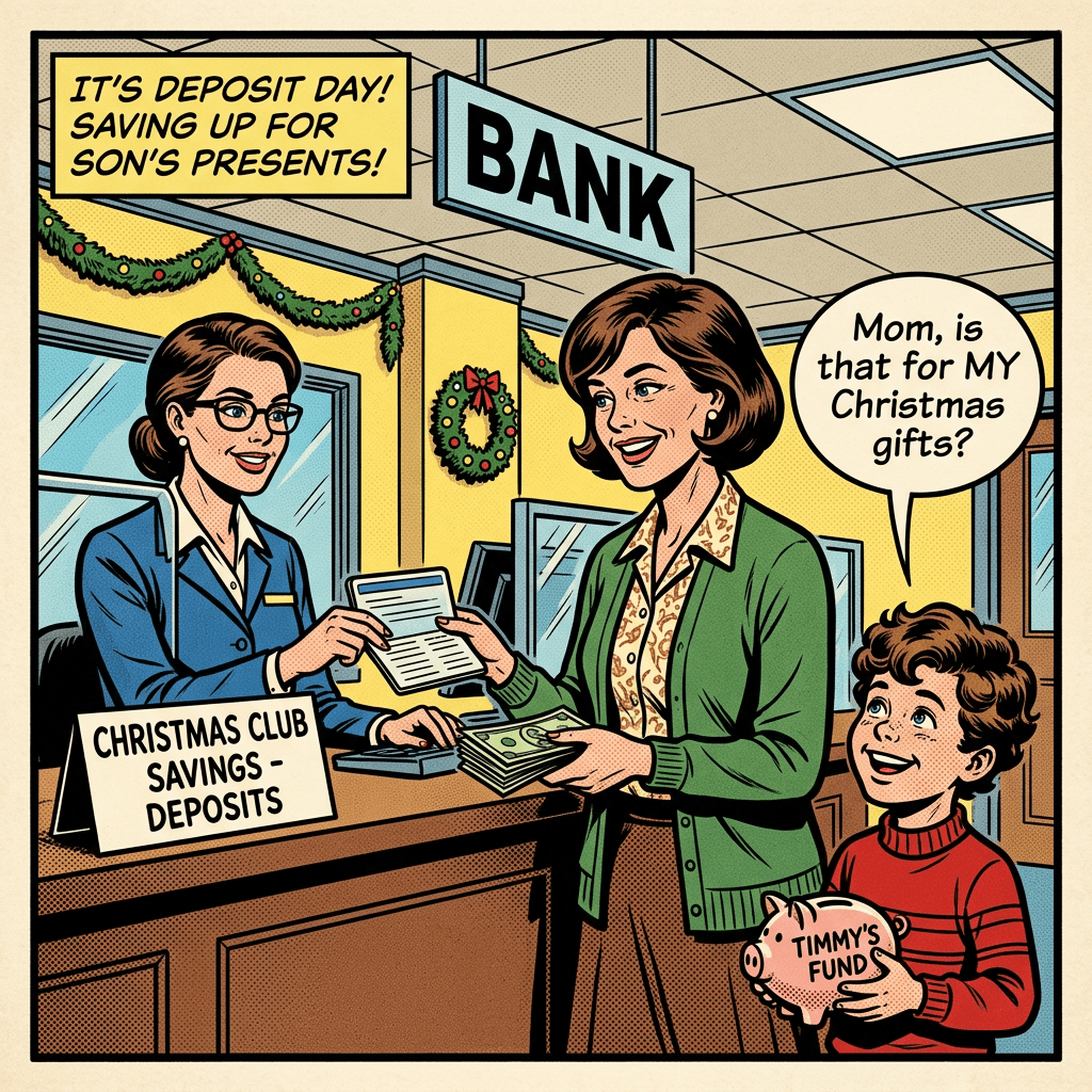 Woman depositing money at bank counter with boy holding piggy bank labeled Timmy's Fund