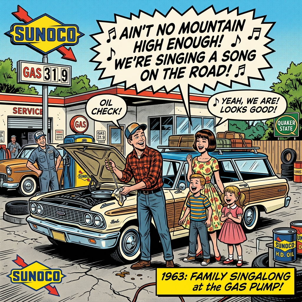 Family checking car oil and singing at a 1960s gas station