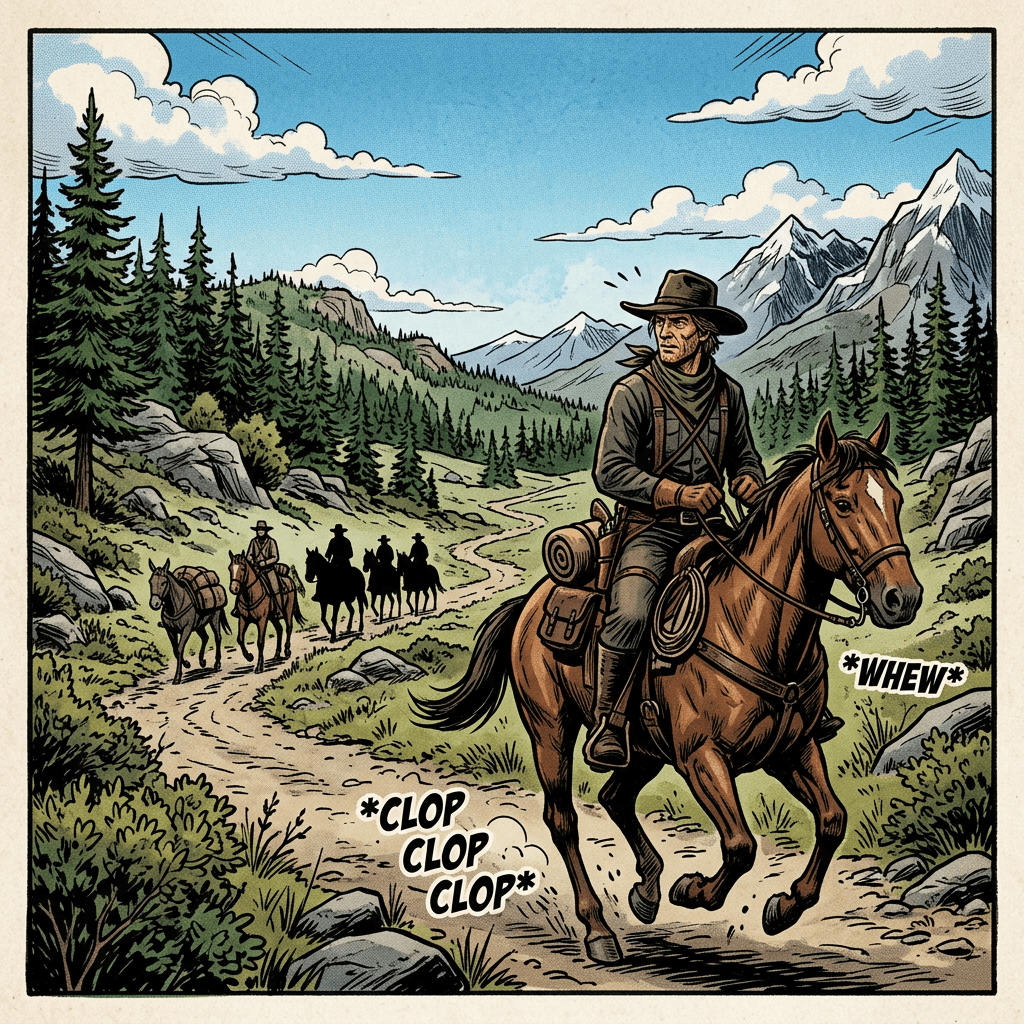 Cowboy riding a horse on a mountain trail with other riders in the background