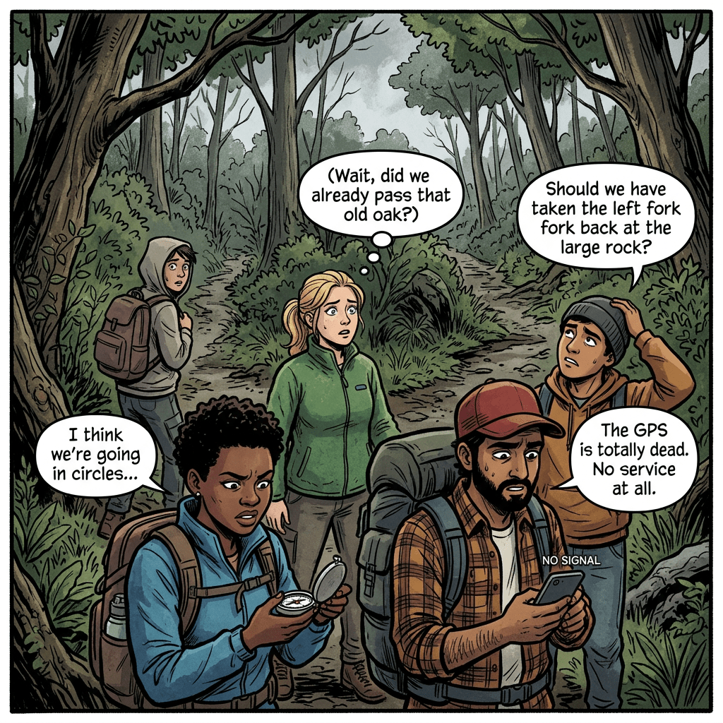 Four hikers in a forest looking confused and trying to navigate without GPS signal