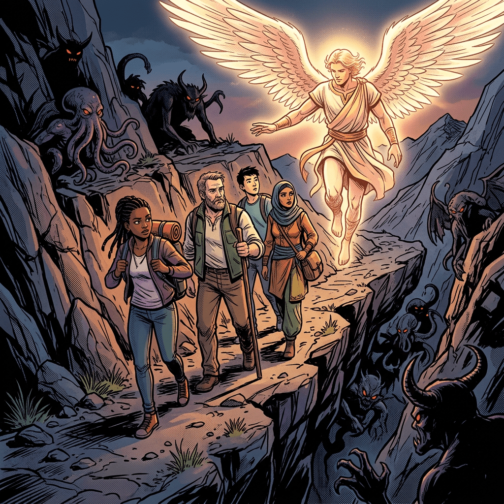 Four diverse travelers walking on a narrow mountain path guided by a glowing angel while dark demonic creatures watch from the rocks.