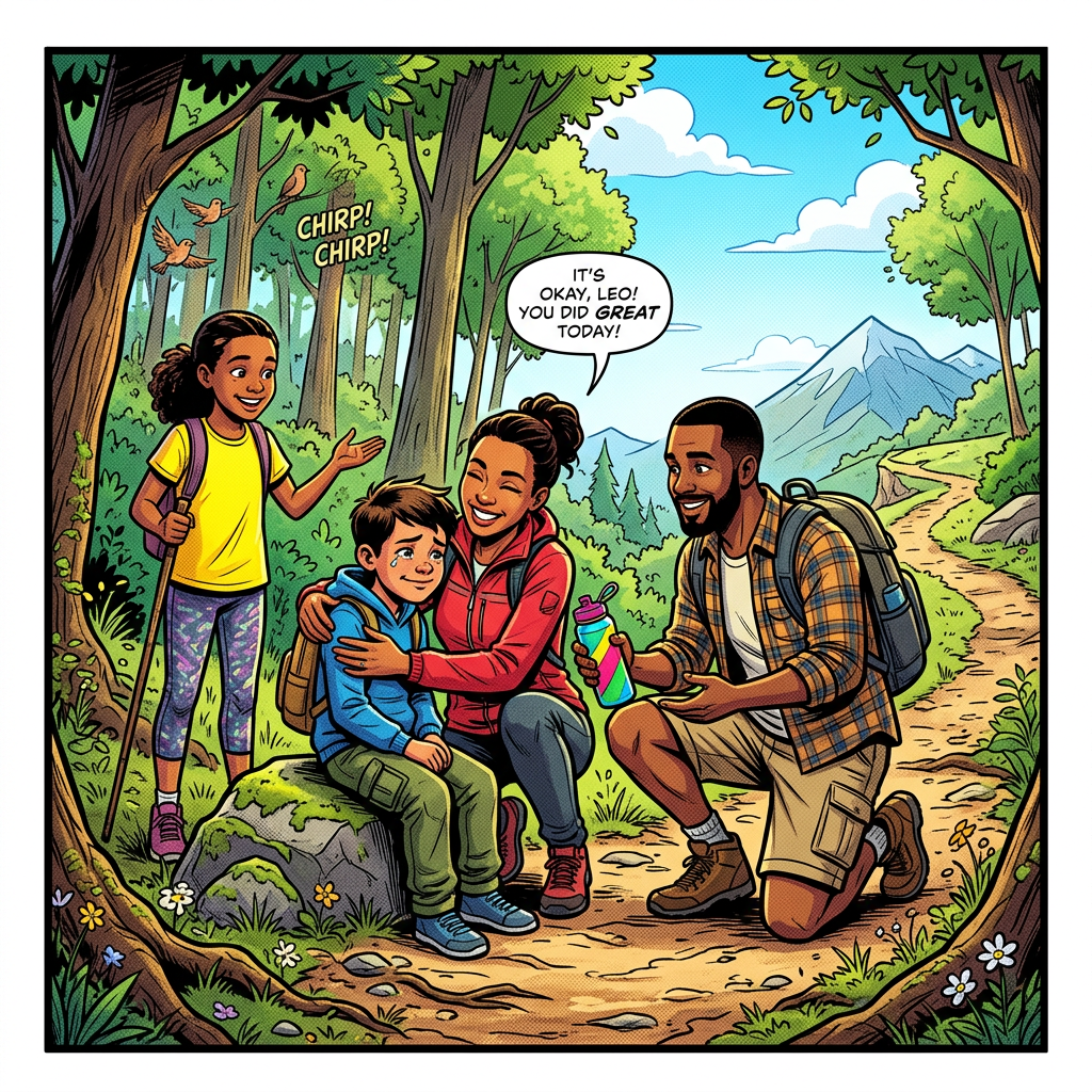 Woman comforting boy sitting on a rock while a man kneels offering water and a girl stands nearby in a forest with mountains in the background