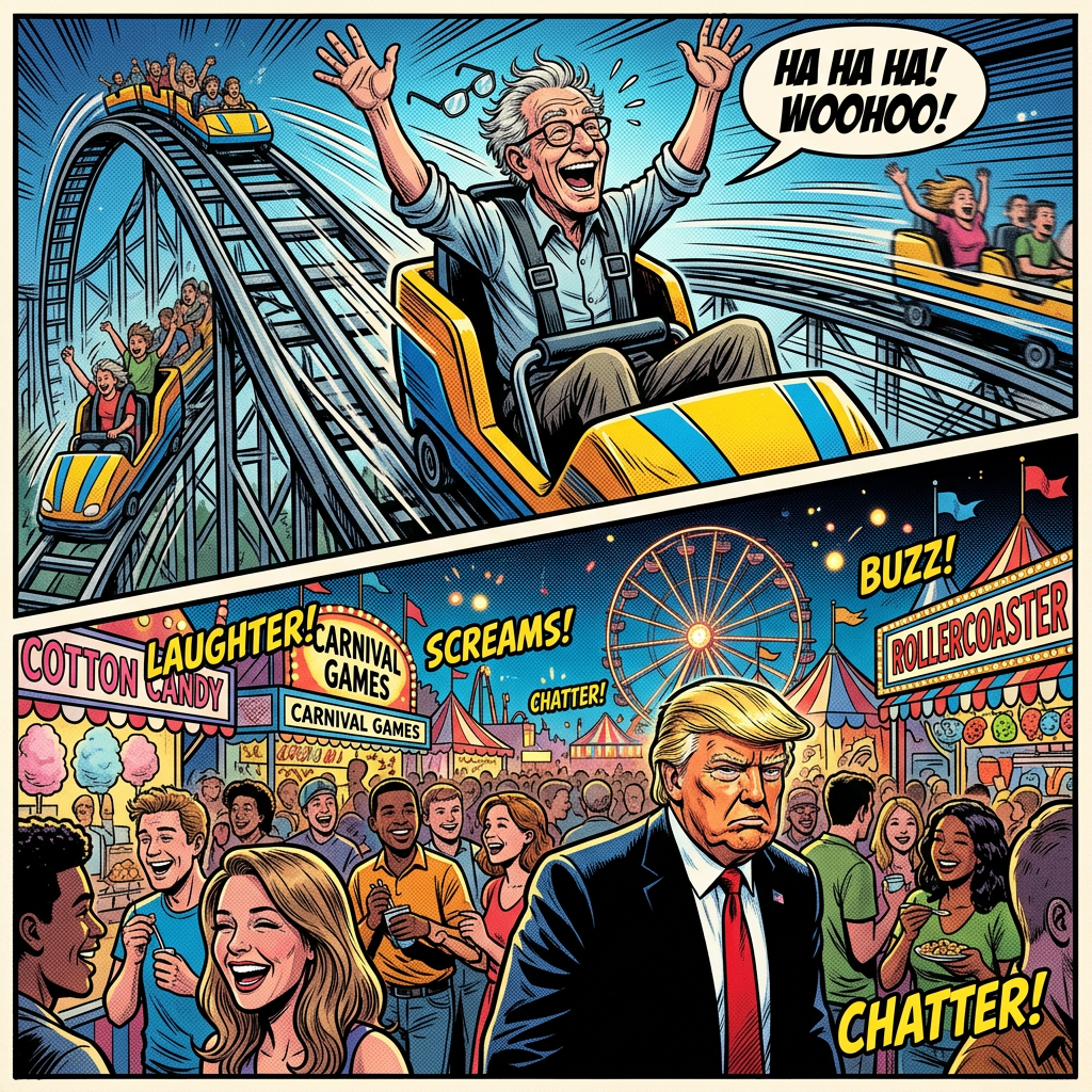 Elderly man laughing on roller coaster; crowd enjoying carnival; somber man in suit
