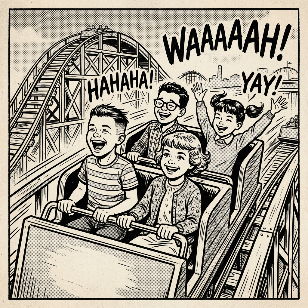 Four children riding a wooden roller coaster expressing joy and excitement