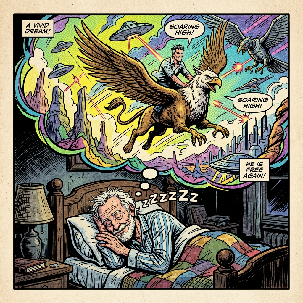 Old man dreaming vividly in bed