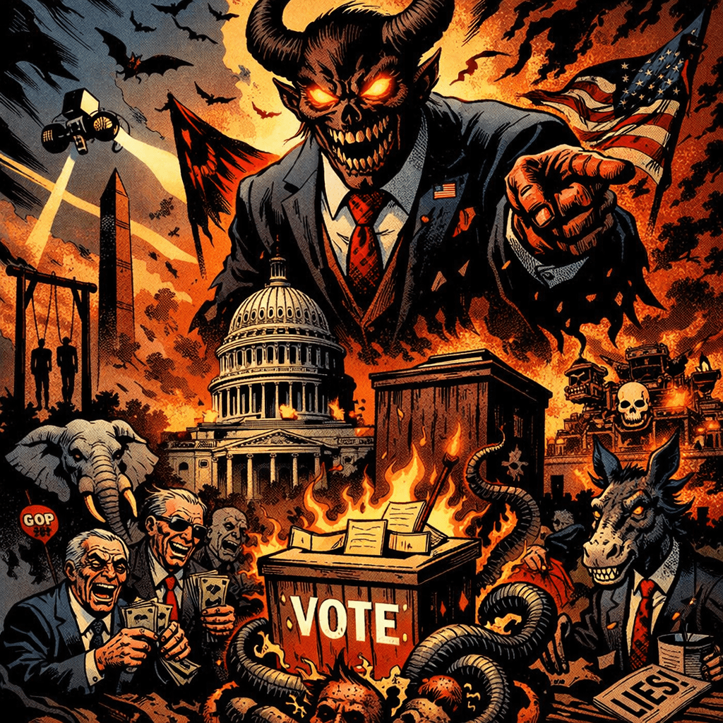 Surreal scene symbolizing political evil like dream