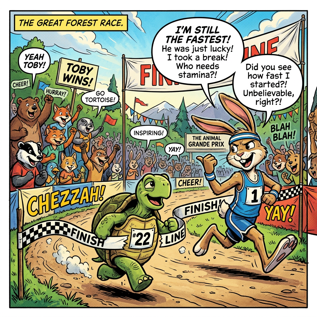 Tortoise crossing finish line ahead of rabbit in a forest race with cheering animals