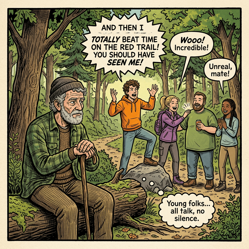 Elderly man sitting quietly on a log, young people chatting animatedly in forest