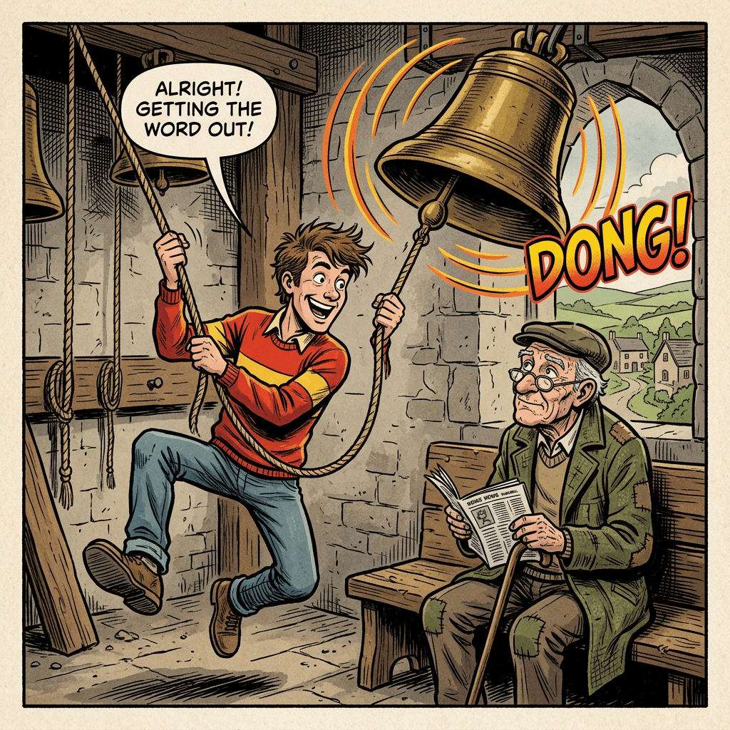 Young man ringing a large bell with an elderly man sitting nearby reading a newspaper inside a stone bell tower