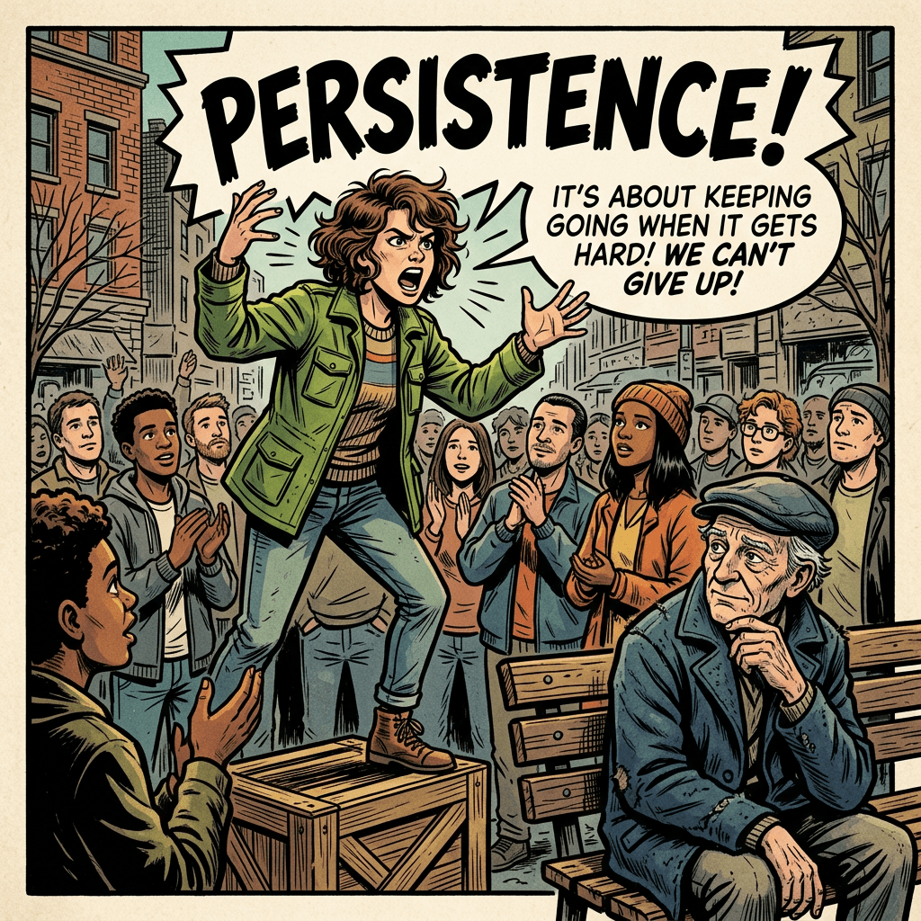 Extrovert shouting persistence to crowd, old man watching