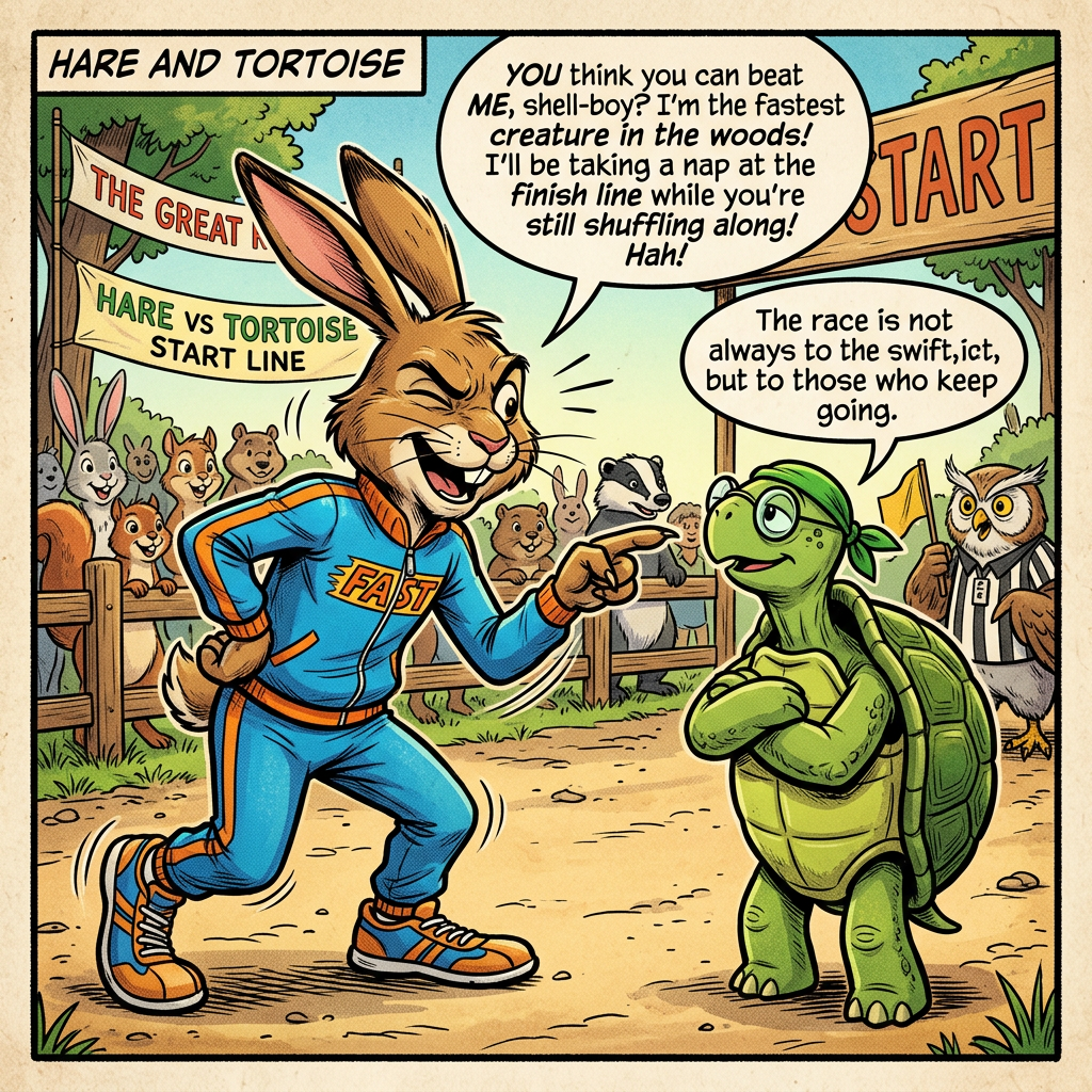 Boastful hare insults calm tortoise before race