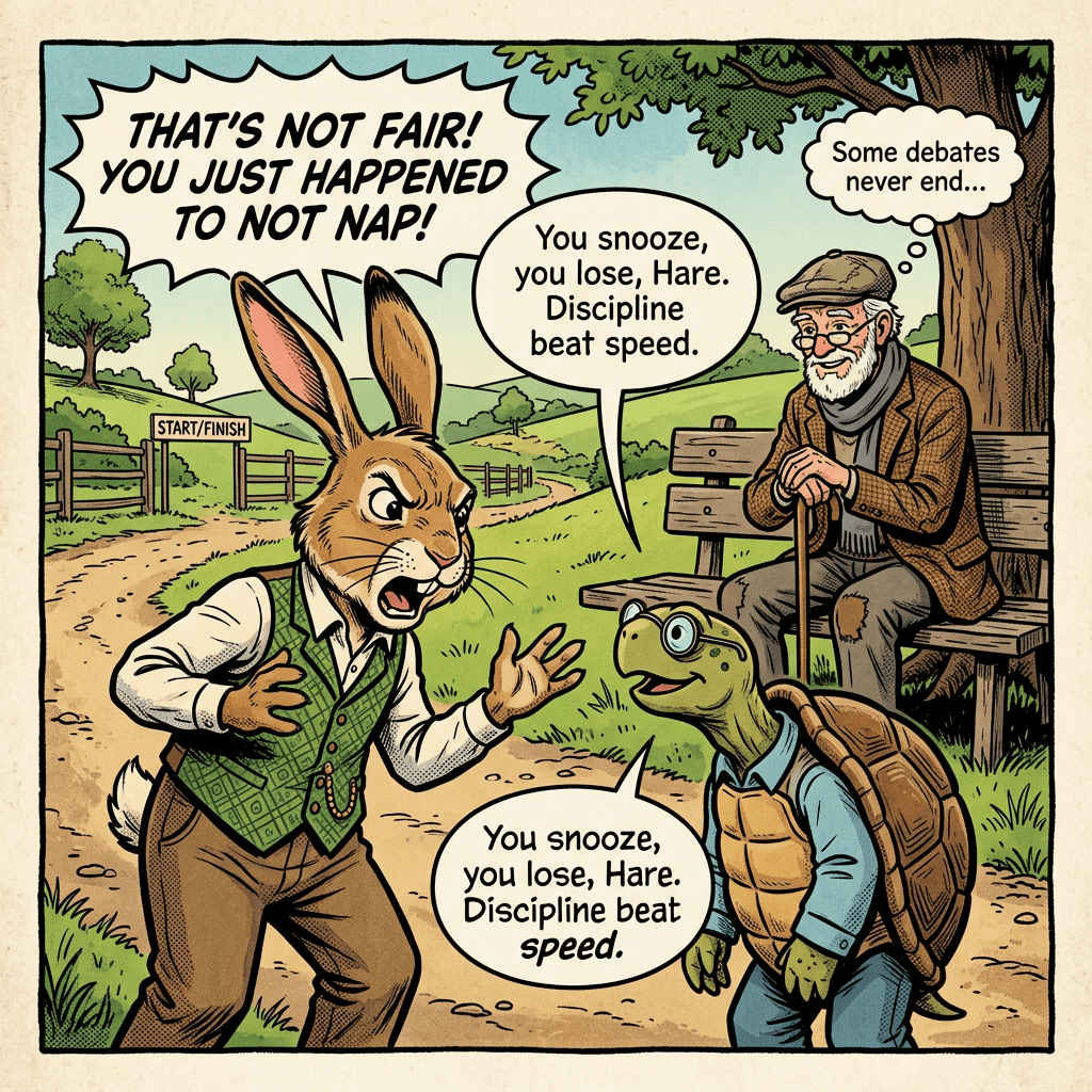 Mr Hare argues with Tortoise, old man watching