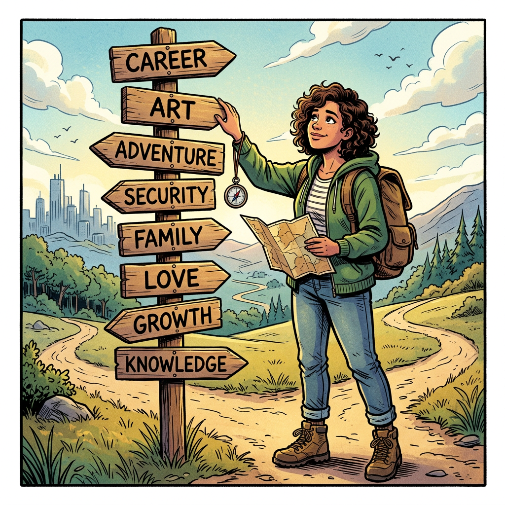 Young person holding a map and compass next to a signpost with life choices