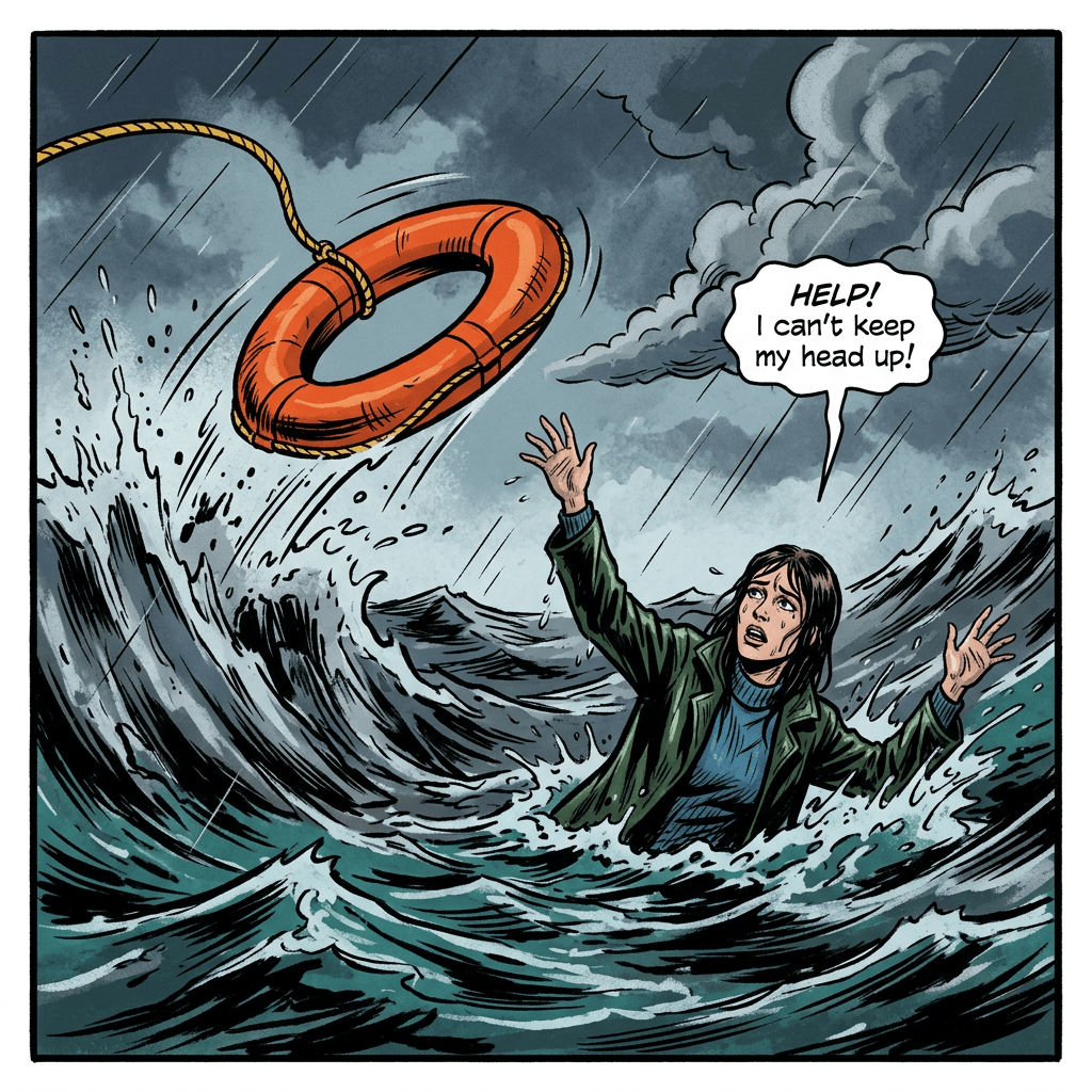Woman in stormy ocean waves reaching for a life preserver and saying she can't keep her head up