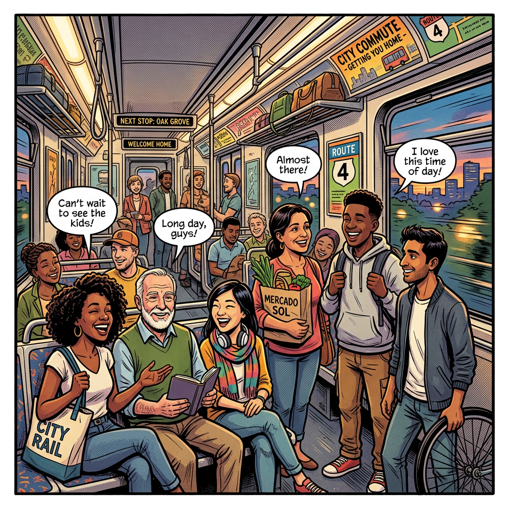 Diverse group of people chatting and relaxing on a city rail train during sunset