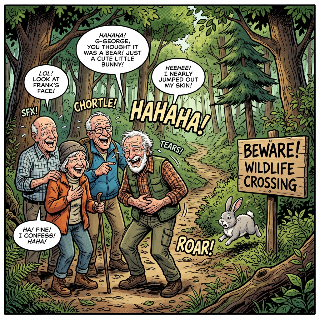Four elderly people laughing together on a forest path near a wildlife crossing sign and a running bunny