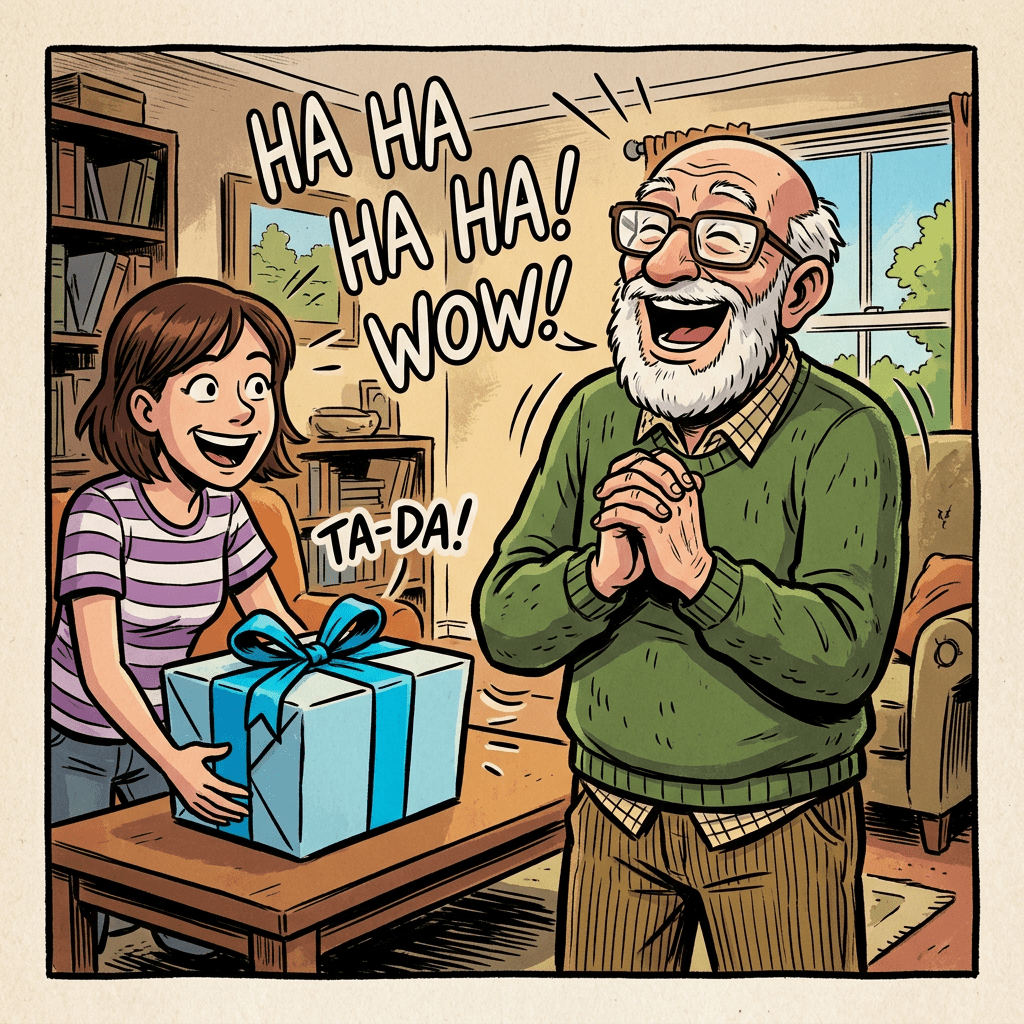 Granddaughter presenting a wrapped gift to her laughing grandfather