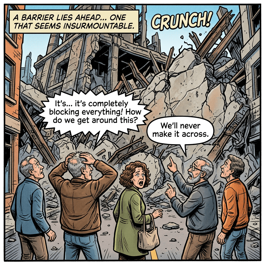 Five adults facing a large pile of rubble blocking a street in a ruined city