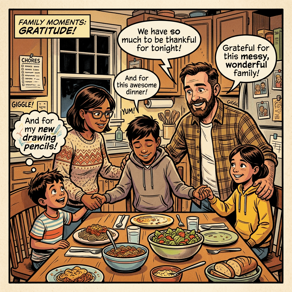 Family holding hands and expressing gratitude around dinner table with plates of food