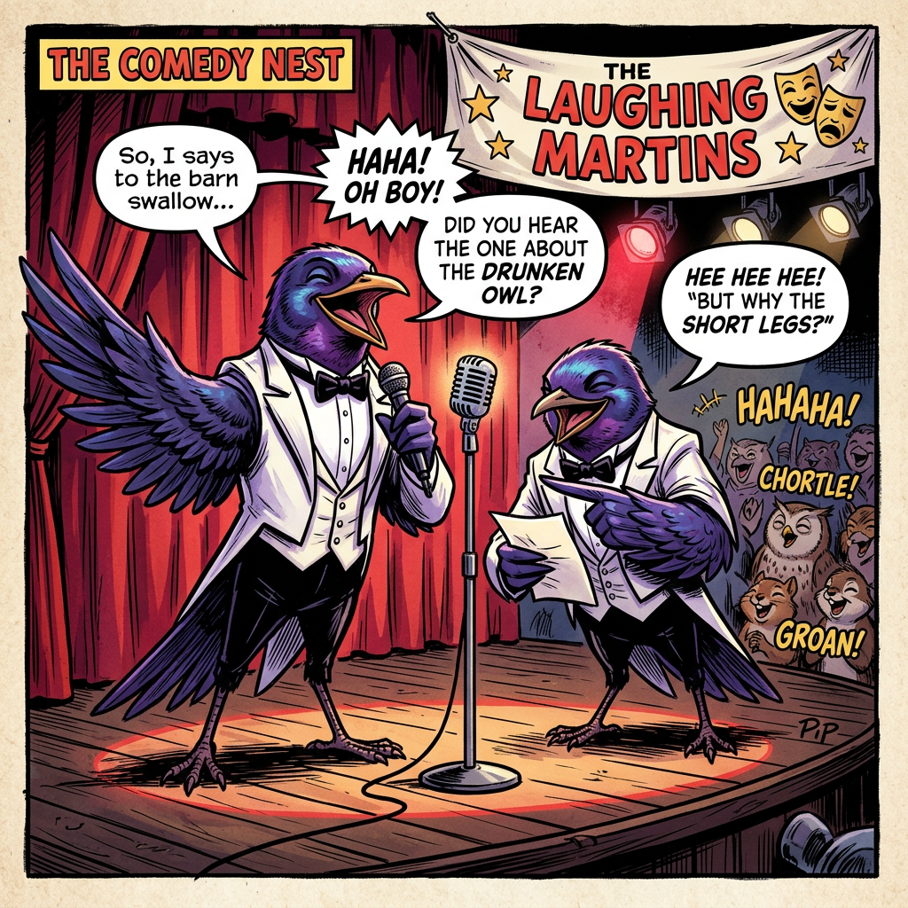 Two birds in tuxedos performing a comedy routine on stage with microphones and speech bubbles.