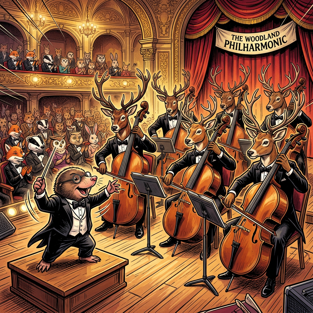Mole conductor directing five deer musicians playing cellos in a concert hall with an audience of various woodland animals