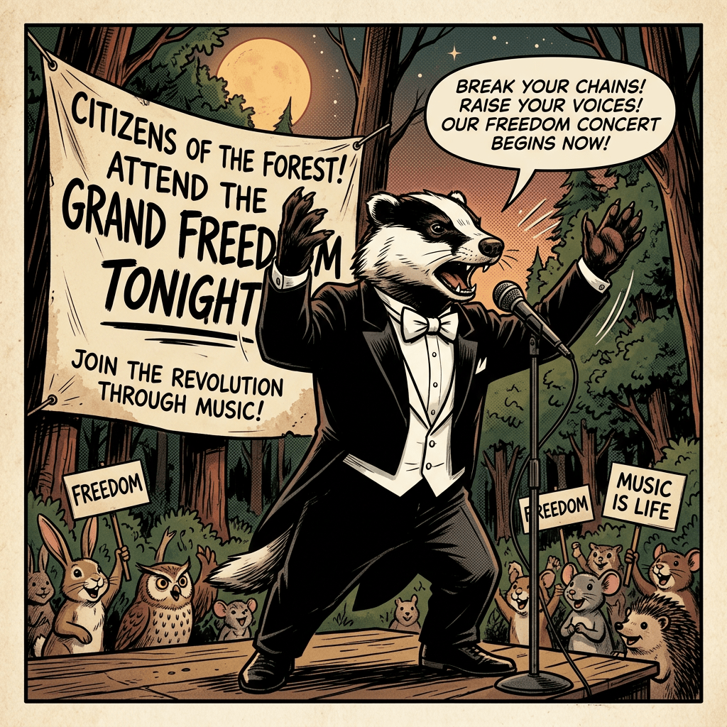 Badger in tuxedo speaking at microphone with forest animals holding freedom signs