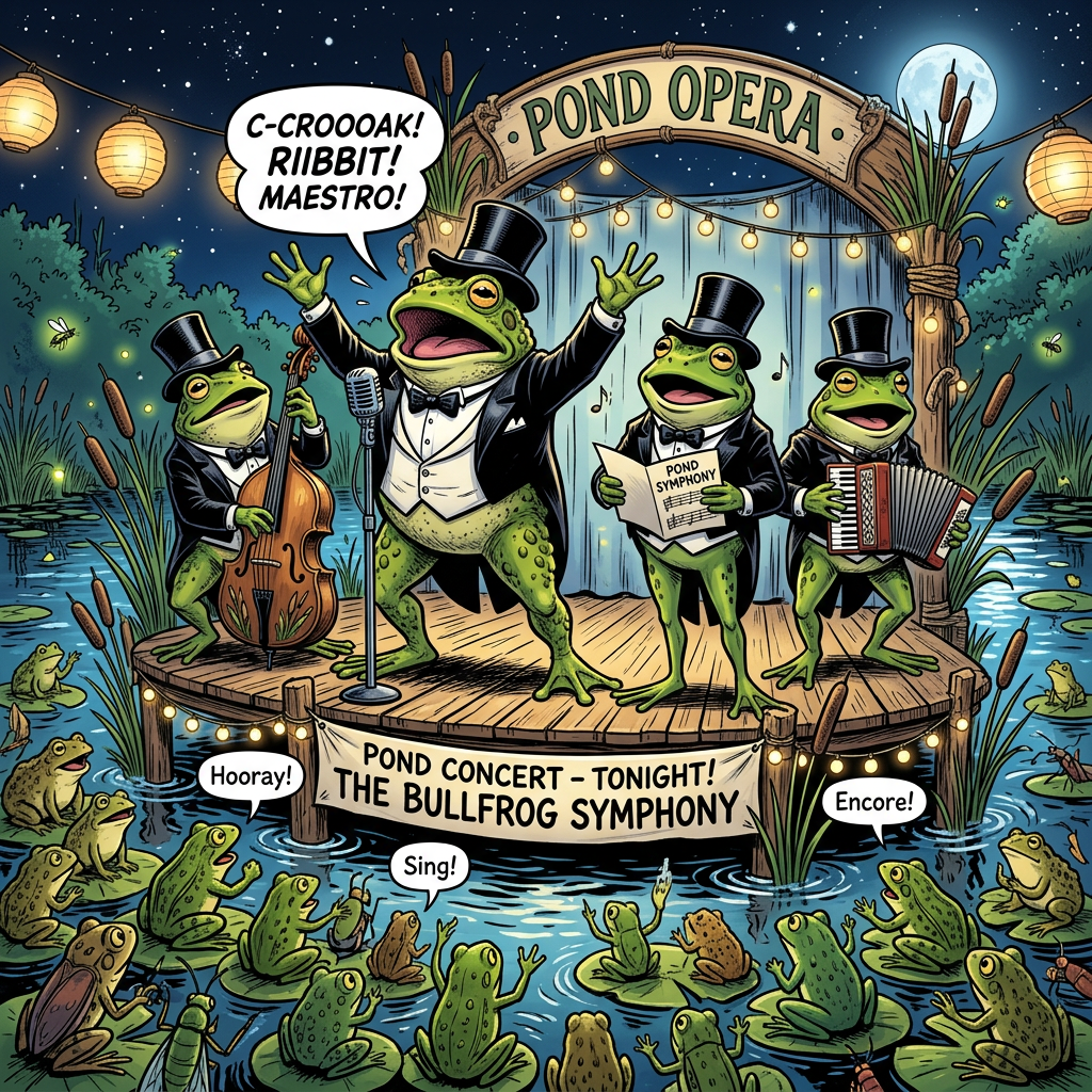 Four bullfrogs in tuxedos performing music on a pond stage with an audience of frogs and fireflies.