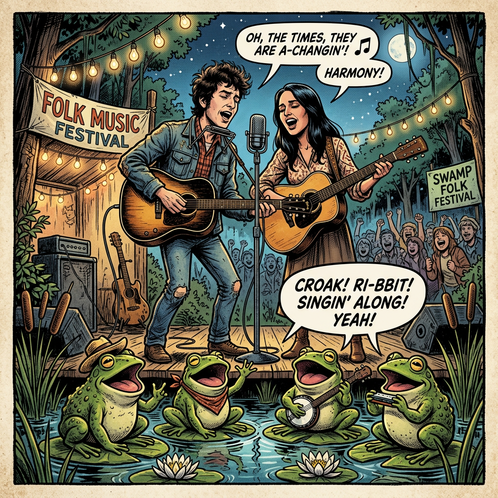 Two musicians playing guitars and singing at a folk music festival with frogs playing instruments and singing in a pond