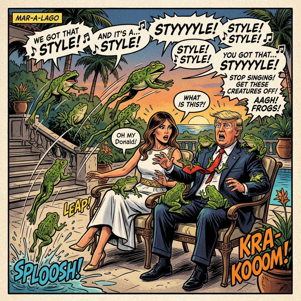 Bullfrogs jump onto Trump and Melania laps singing