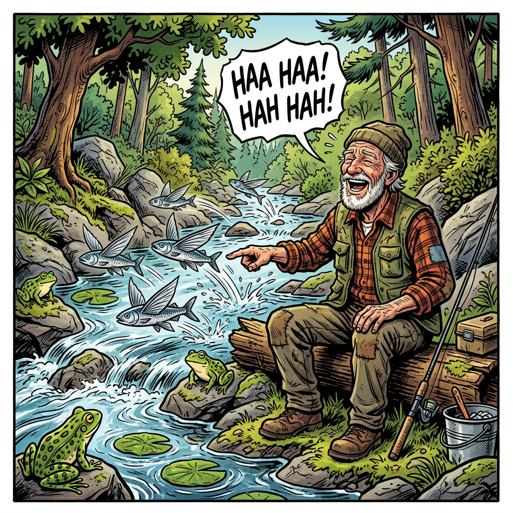Elderly fisherman laughing by stream with flying fish and frogs