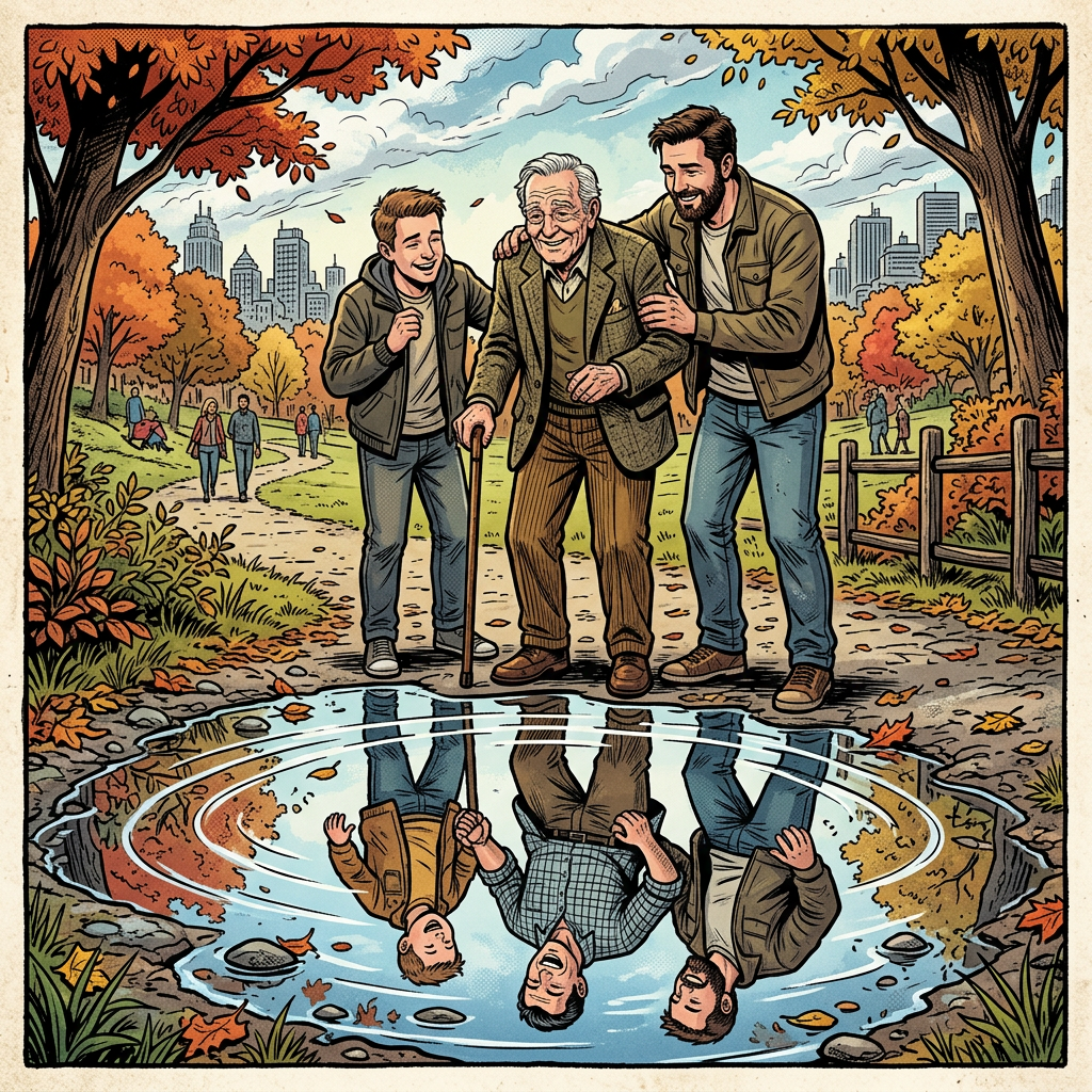 Old man with sons, child reflections following