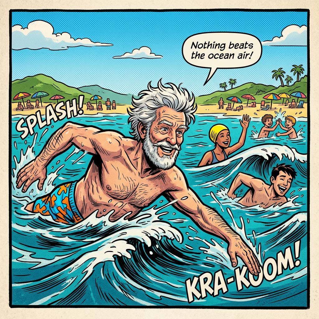 Old man and others swimming in ocean