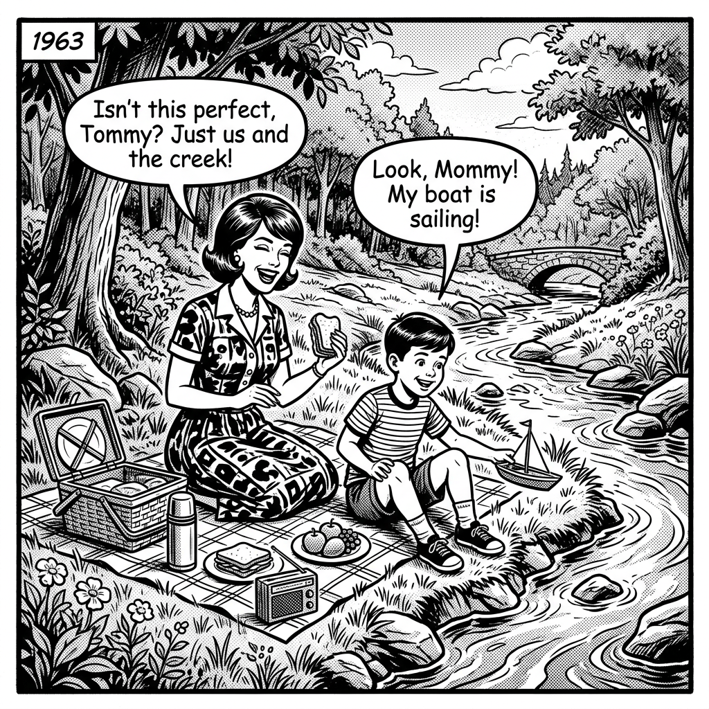 Mother and son having a picnic by a creek with toy boat in 1963