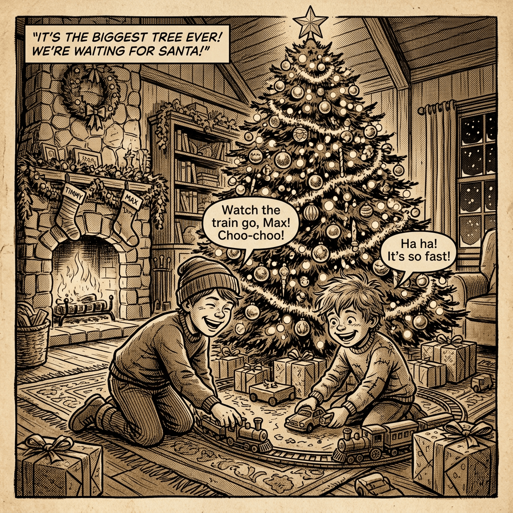 Two boys playing by huge Christmas tree sepia