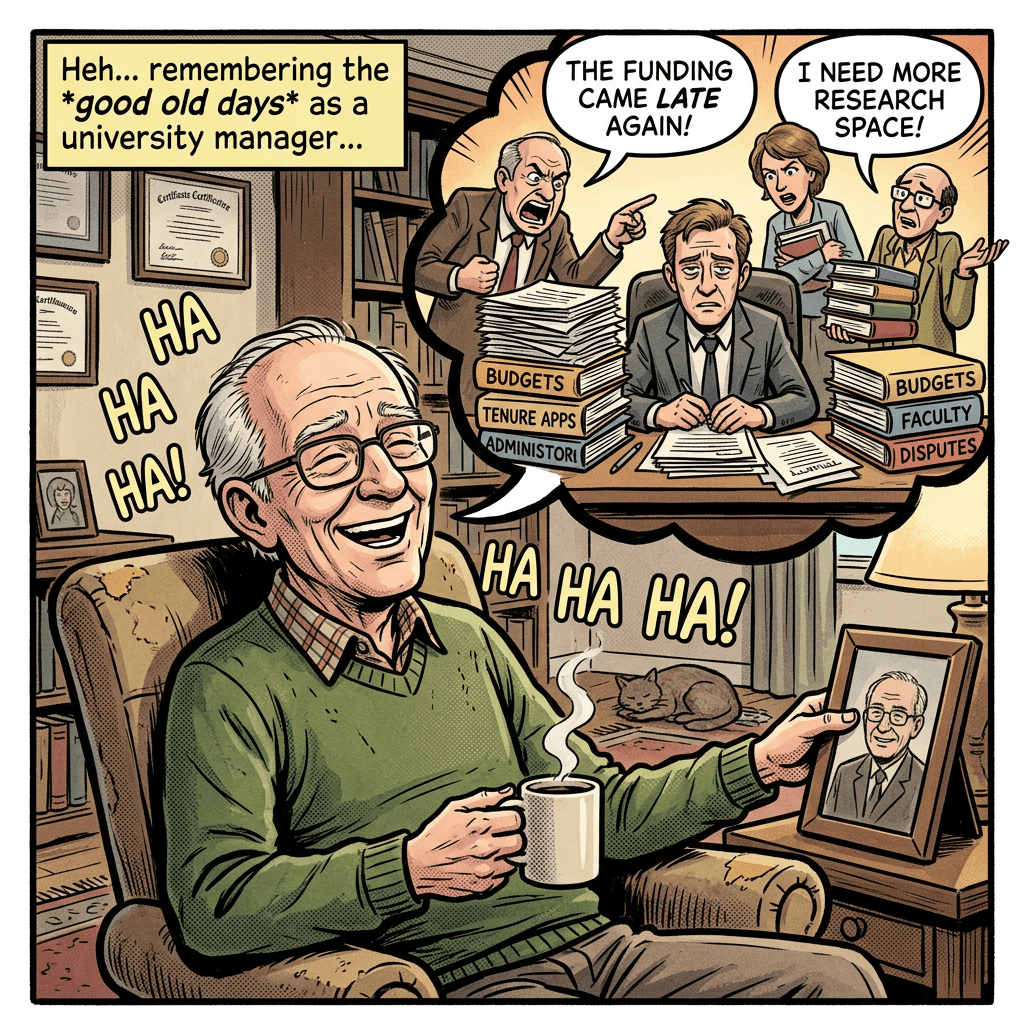 Old man laughing remembering university manager struggles