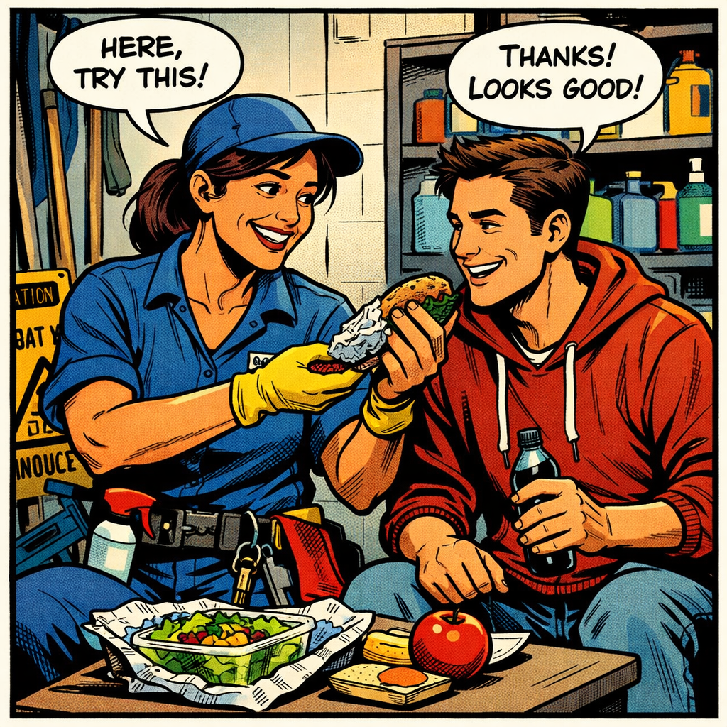 Woman in work uniform offering a sandwich to a man in a red hoodie sitting at a table with lunch items