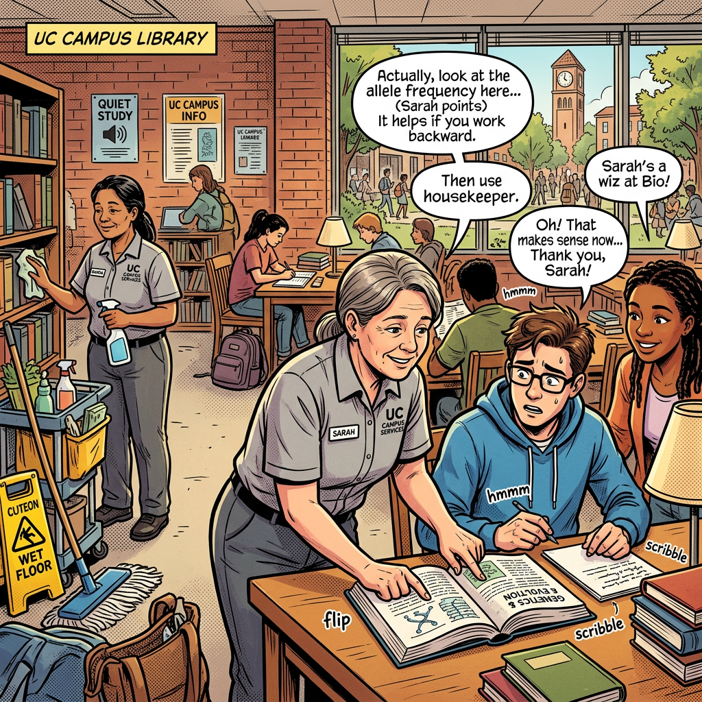 Campus staff member Sarah helps students with biology book and allele frequency question in library