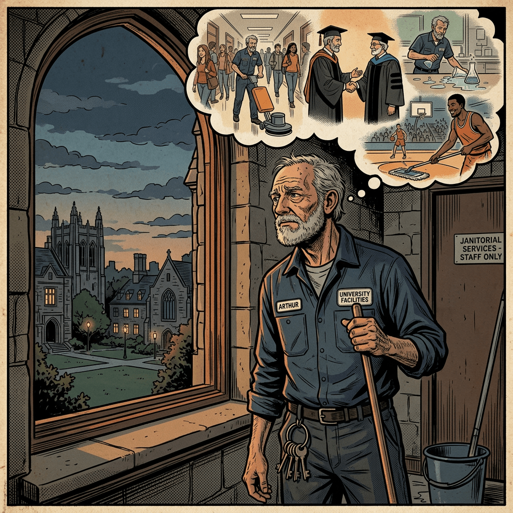 Old custodian reflecting on university housekeeping career