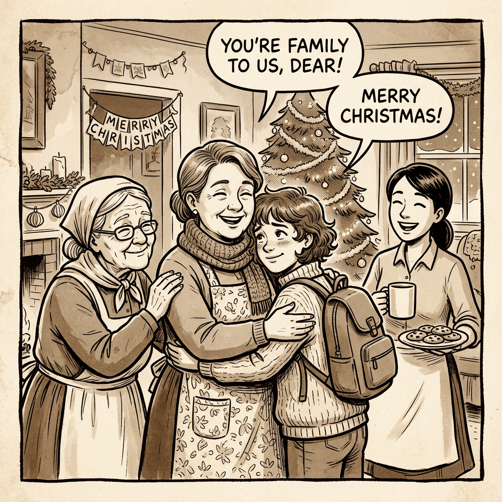 Young person embraced by family members in cozy decorated living room with Christmas tree and cookies