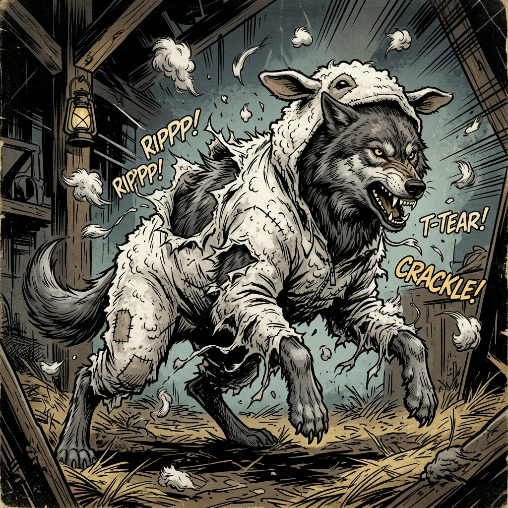 Wolf tearing through ripped sheep costume in barn