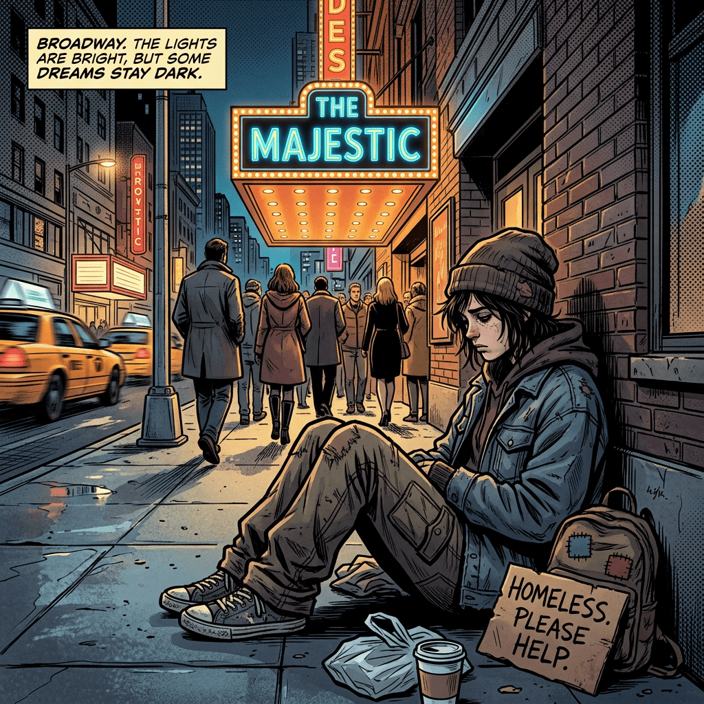 homeless young person sitting on a city sidewalk with a sign asking for help near a theater marquee