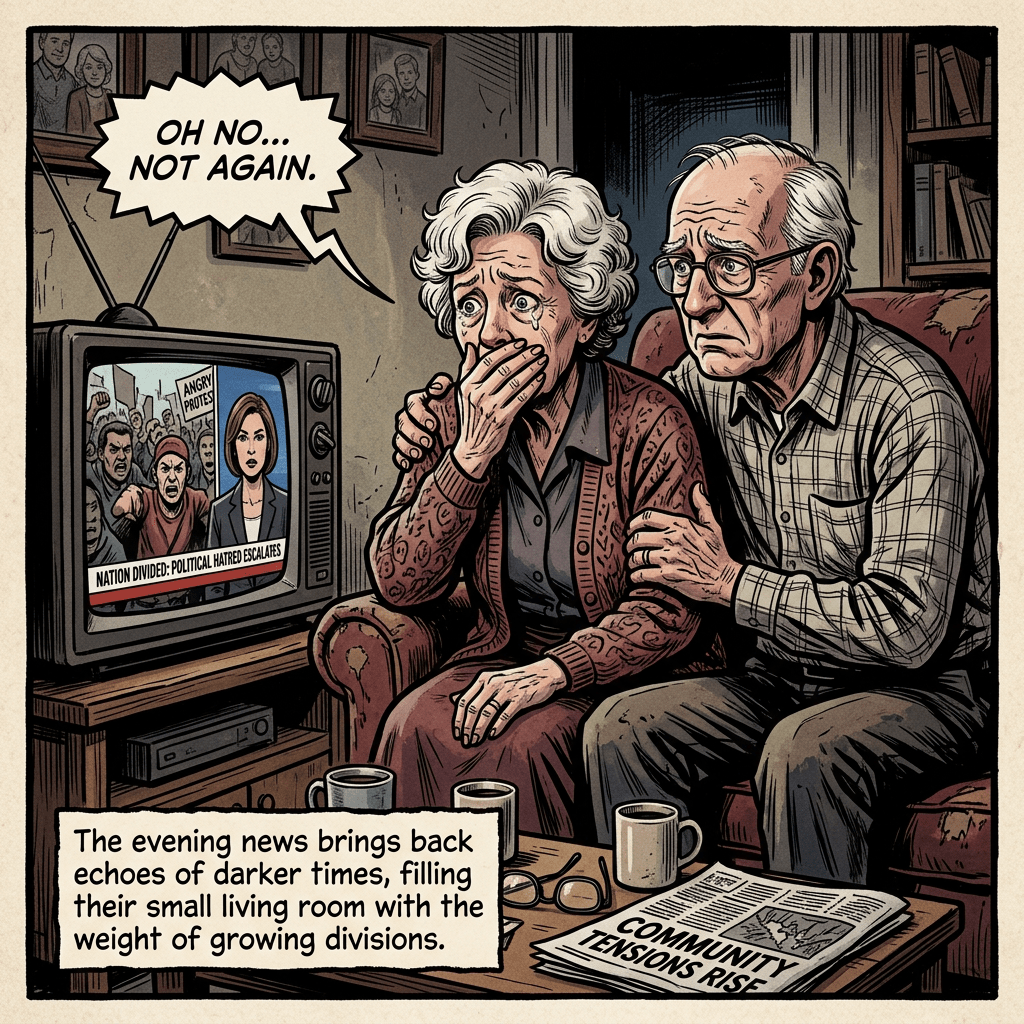 Older couple reacting with concern to political protest news on television