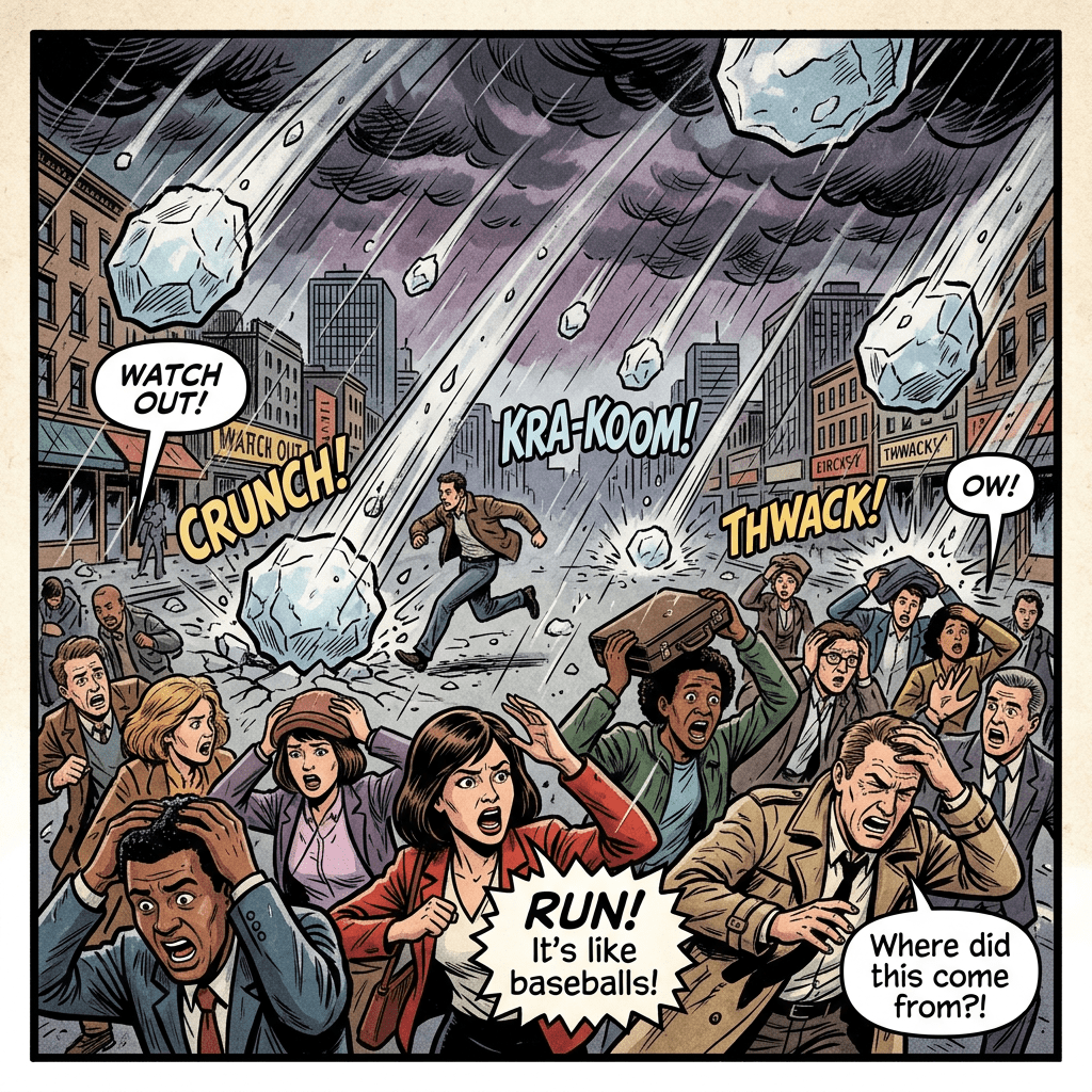 People running and protecting themselves from large falling meteorites in a city street during a storm