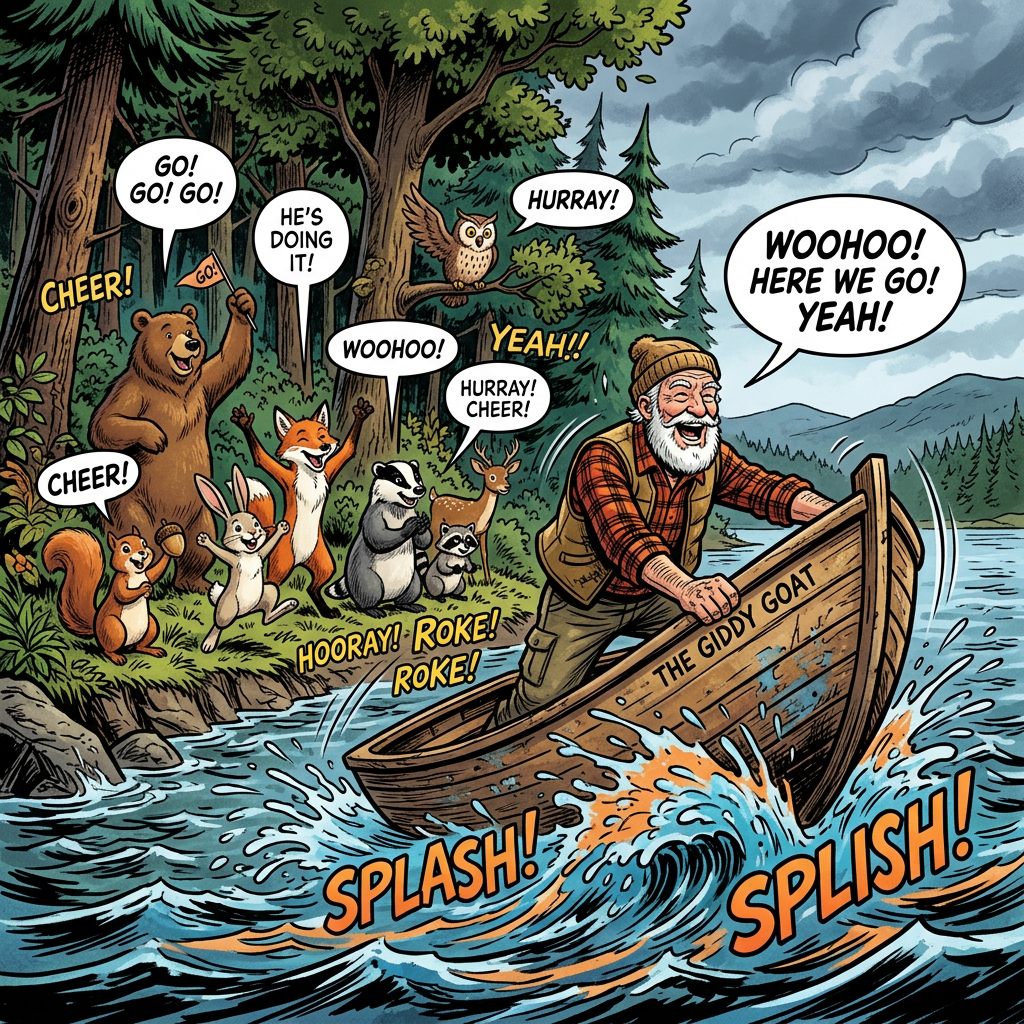 Man in a boat named The Giddy Goat rowing on a river while animals cheer