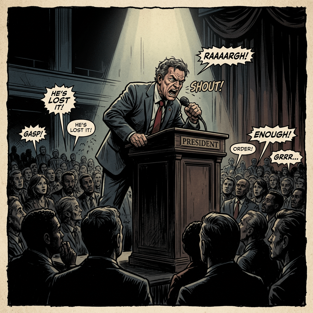 Shadowed crowd watching angry president at podium