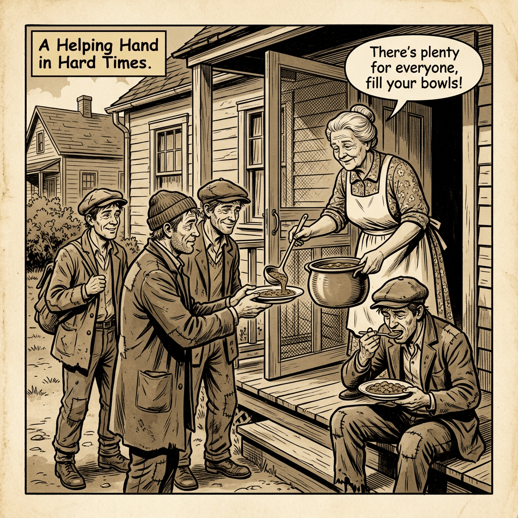 Elderly woman ladling soup to men outside a wooden house