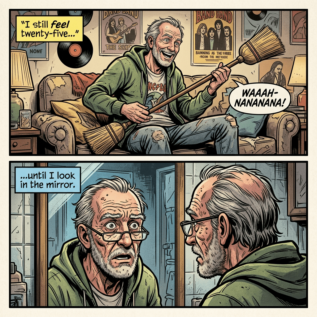 Older man playing air guitar with broom then looking surprised at his reflection in mirror