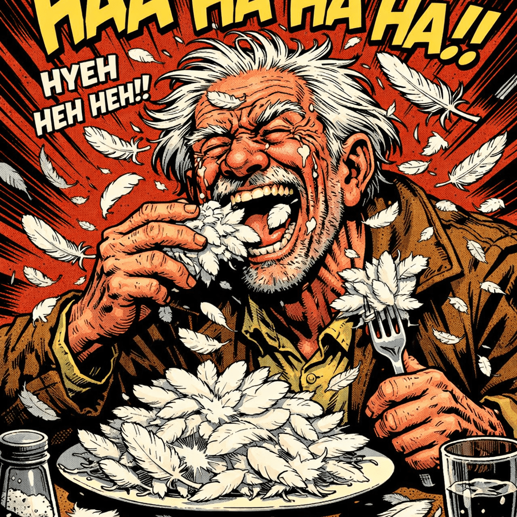 Old man laughing while eating feathers