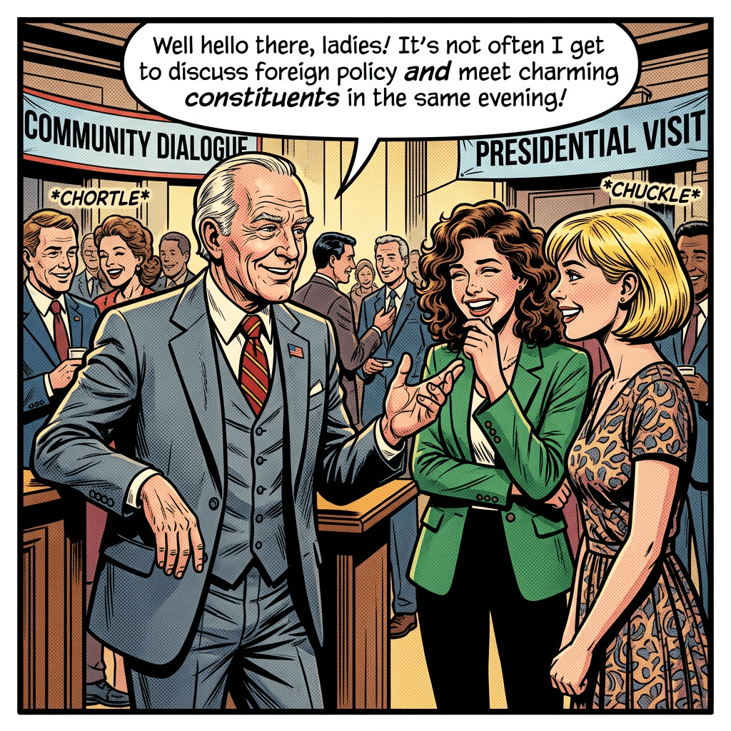 Politician speaking to two women at a community dialogue event during a presidential visit