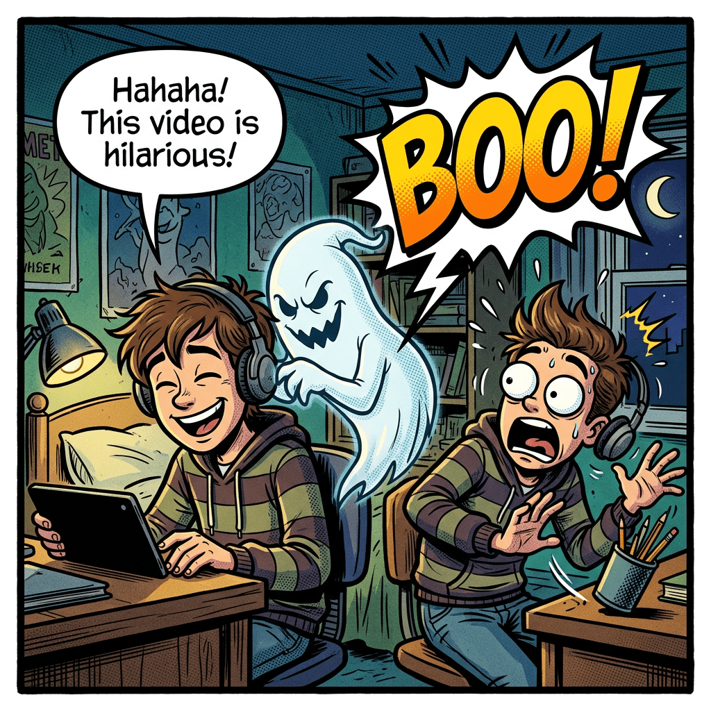 Mischievous ghost sneaks behind laughing, yelling boo